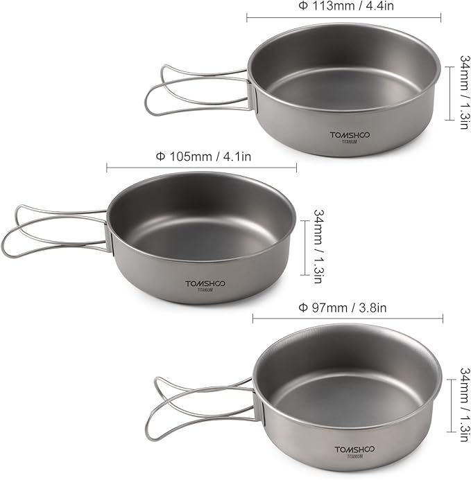 Titanium Bowls 3pcs Titanium Bowls Set Ultralight Titanium Dinner Bowl Pan with Foldable Handles for Outdoor Camping Hiking Picnic
