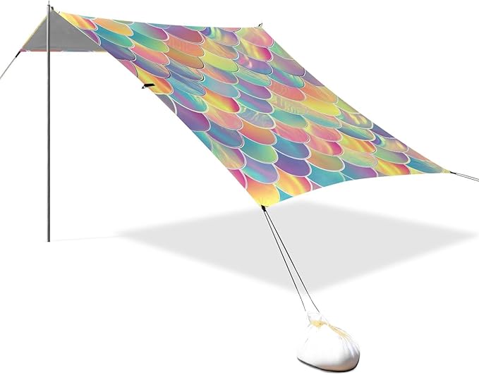 ALAZA Rainbow Mermaid Scales Beach Tent Sun Shelter UPF50+ Protection Beach Shade Canopy w/ 4 Sandbags for Outdoor Camping Fishing Backyard Fun Picnic 10x9 ft