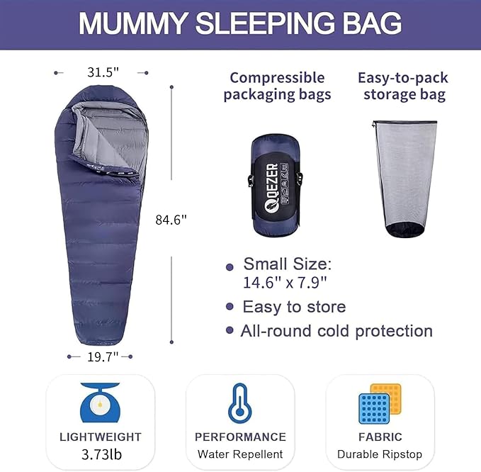 Down Sleeping Bag for Adults 0 Degree Warm Winter Mummy Lightweight Compact Outdoor Sleeping Bag for Camping Backpacking Hiking Cold and Warm Weather with 600 Fill Power Down