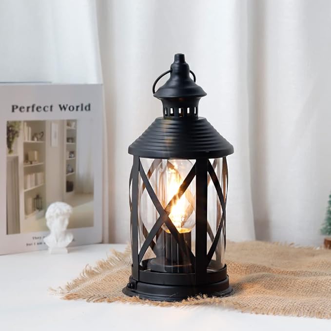 TRIROCKS Battery Powered Metal Lamp 10'' Tall Decorative Cordless Table Lamps LED Edison Lights Hanging Lamps with Metal Hook for Home Decor Patio Garden Wedding Parties Indoor Outdoor(Black)