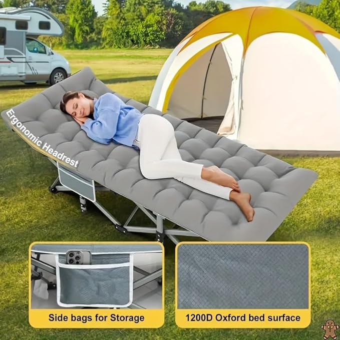 560-760 pounds Portable Folding Camping Bed (with Mattress) - Can be Used as a Recliner - Breathable Fabric Thick Steel Frame (Gray760 lbs)