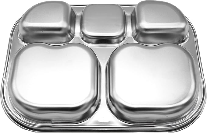 Korean Stainless Steel Divided Plates for Toddlers Kids Babies Premium 304 Electro-Polished No Black Residue BPA-Free 5-Compartment Food Tray Camping Picky Eaters Set of 2