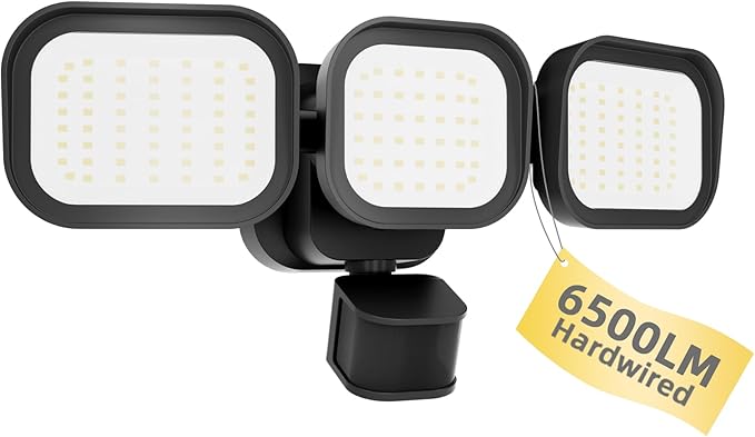 LED Motion Sensor Outdoor Lights 6500LM 270° 72FT Detected Range Dusk to Dawn 5000K IP65 Waterproof Flood Lights Outdoor 3 Head Motion Detector Security Light for GarageYard