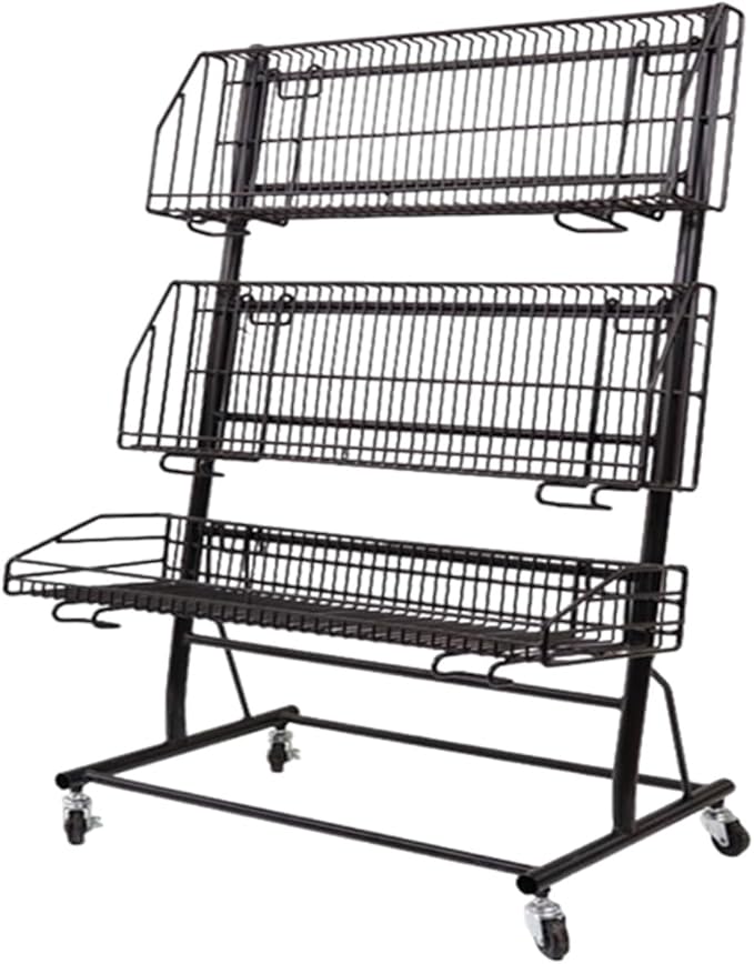 Retail Display Rack with Wheels 3 Tier Fruit Vegetable Snack Basket Shelf Strengthened Metal Frame for Home Store Market Supplies