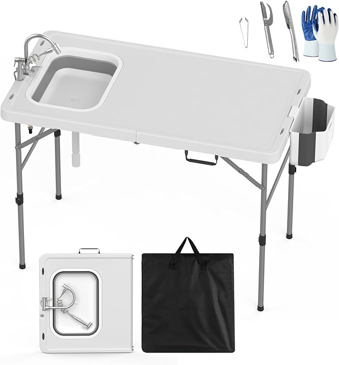 HLPB Fold in Half Folding Fish Cleaning Table with Sink Foldable Protable Camping Sink Table with Drainage Hose &amp Fish Cleaning Kit Fish Fillet Cutting Desk for Picnic Patio Backyard BBQ White