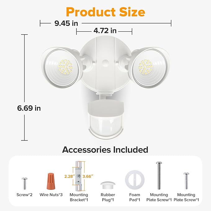 UME LED Security Light Motion Sensor Outdoor Lights 27W 3000LM 5000K IP65 Waterproof Dusk to Dawn 2 Head Motion Detector Flood Light for Outside Garage Yard (White)
