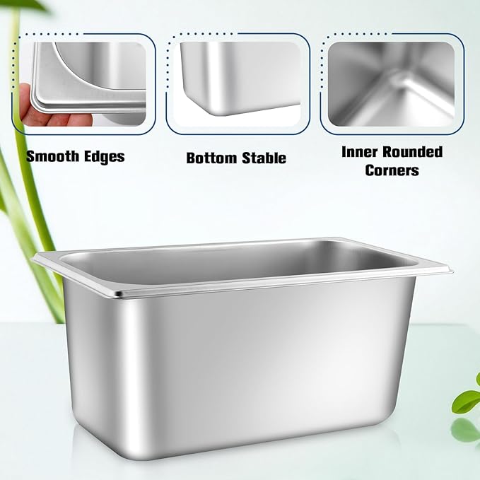 4 Pack Hotel Pans with lids 1/3 Size x 6 Inch Deep Steam Table Pan Stainless Steel Steam Table Pans Anti Rust Catering Storage Food Pan for Home Hotel Party Restaurant Buffet