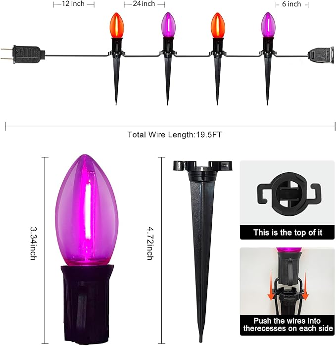 Halloween Pathway Lights Outdoor 19.5Ft Orange Purple Halloween String Lights with 10 C9 LED Bulbs and Stakes Connectable Outdoor Waterproof Marker Stake Lights for Halloweens Path Yard Lawn Garden