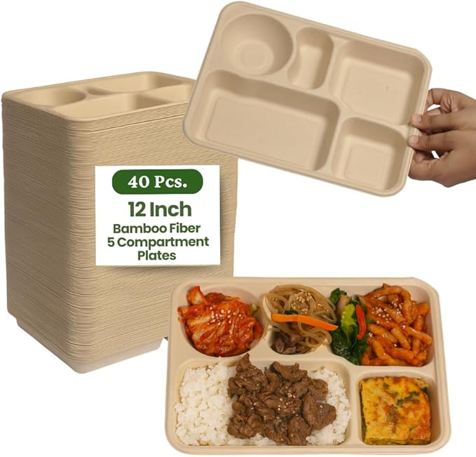Dtocs 5 Compartment Plates Disposable (40 Pcs.) 9 Inch | Bamboo Fiber Heavy Duty Divided Plates | Sectional Trays for Cafeteria Lunch Buffet Camping | Sturdy Microwavable Divided Bamboo Plate Set