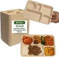Dtocs 5 Compartment Plates Disposable (40 Pcs.) 9 Inch | Bamboo Fiber Heavy Duty Divided Plates | Sectional Trays for Cafeteria Lunch Buffet Camping | Sturdy Microwavable Divided Bamboo Plate Set