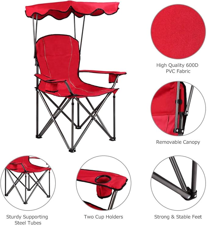 COSTWAY Portable Camping Chair with Canopy Outdoor Lawn Chair with Shade Carry Bag Cup Holder for Travel Picnic Beach (Red)