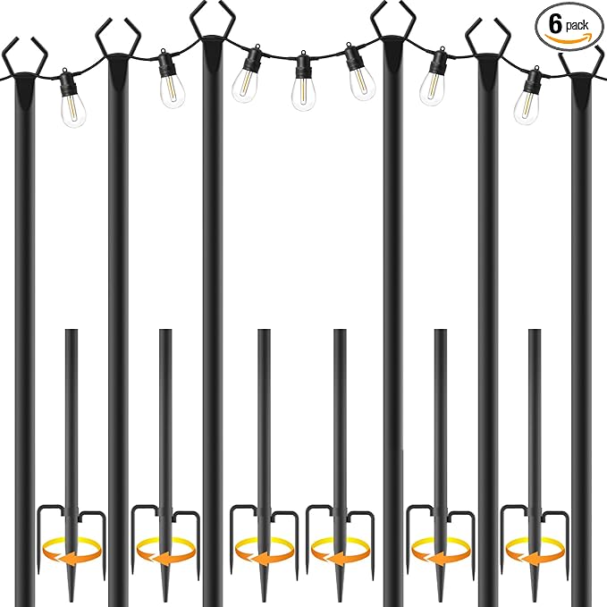 10Ft String Light Poles 6 PackLight Poles for Outside LightsOutdoor with Fence Brackets Hanging LightsMetal Stand Deck Patio Backyard