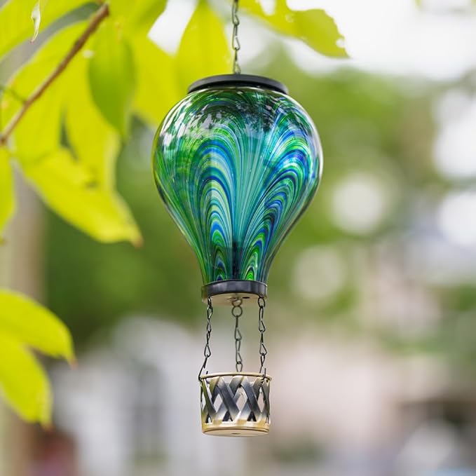 Starsoul Hot Air Balloon Solar Lantern Flickering Flame Light Tie-Dye Style Glass Solar Powered Hot Air Balloon Lamp Hanging Outdoor Lantern Waterproof Decor for Patio Garden Porch