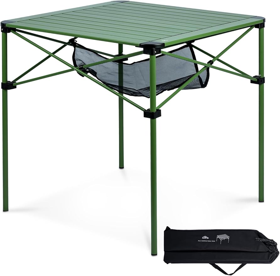 iClimb Lightweight Stable Alu. Folding Square Table Roll Up Top with Carry Bag for Camping Picnic Backyards BBQ Camp Kitchen (Green L)