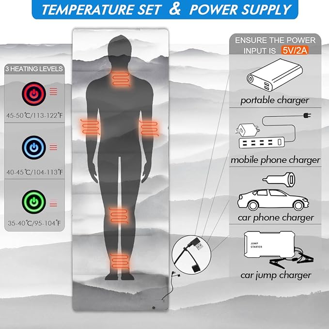 Heated Sleeping Bag pad Operated by 5V/2A USB Power Supply 3 Adjustable Temperature Levels Heated Sleeping Bag Liner for Cold Weather Backpacking or Hiking (Mountains 76 x 24)