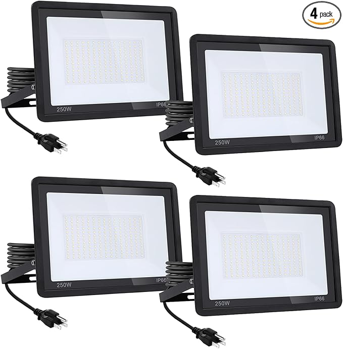 4Pack-250W LED Flood Light Outdoor27500lm LED Work Light with 6FT US PlugIP66 Waterproof Exterior Security Lights6000K Daylight White Outside Floodlights Slim design for Playground Yard Stadium