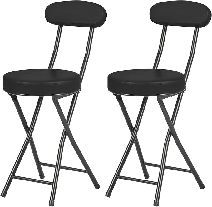 Cushioned Padded Folding Stools Folding Bar Stool with Backrest 220lb Capacity 19 Inch Collapsible Round Portable Foldable Chair for Outdoor Indoor Kitchen Camping Fishing (Black 2 Pack)