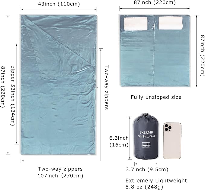 100% Silk Sleep Sack with Zippers on 3 Sides 87”x43” Large Sleeping Liners for Hotels Travel &amp Camping Multifunctional Travel Sheets (Unzipped:87”x87”) for Adults Lightweight All Seasons