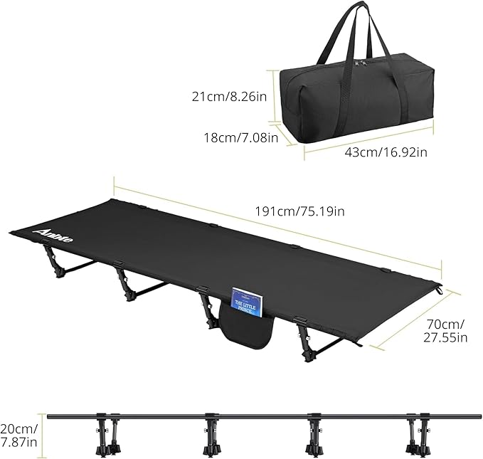Anbte Ultralight Camping Cot Save Effort Comfortable Camping Bed Supports 350 Lbs with Side Pocket &amp Folding Camping Table Aluminum 24 x 16 Adjustable Height