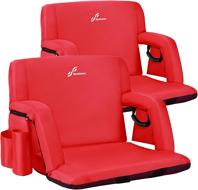 Sportneer Stadium Seats with Back Support: 2.5'' Thick Comfy Cushion 6 Adjustable Angle Bleacher Seat with Armrest - 2 Large Pockets 2 Cup Holders Stadium Chair for Sport Events Concerts Parks