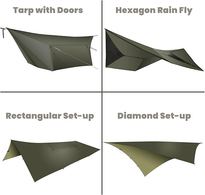onewind 12×10 ft Hammock Tarp Ultralight Tarp Silnylon Hammock Rain Fly Lightweight Waterproof Camping Tent Tarp with Doors Easy to Setup with Stuff Sack Tent Stakes OD Green