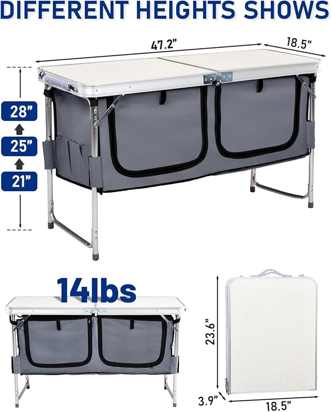 Outvita Folding Table 4FT Aluminum Camping Table with Large Storage Space and Adjustable Height Picnic Table Lightweight for Carring Outdoor Party Events Beach
