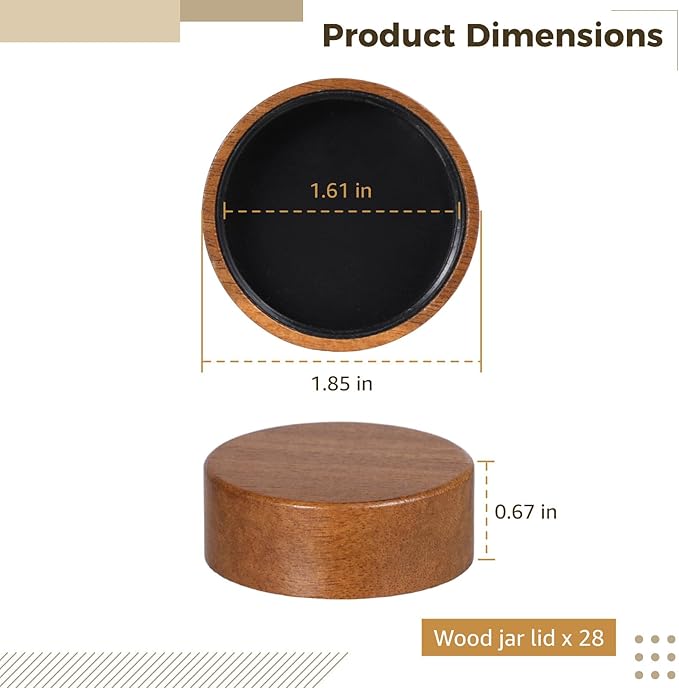28 Pcs Air Tight Wood Lids for Spice Jars Wooden Jar Lids 1.6 in for 4 Oz &amp 8 Oz Jars Reusable Lids