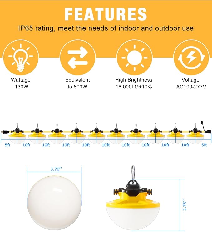 100FT Construction String Light 130W 16000Lm 5000K Industrial Grade LED String Work lights IP65 Waterproof Temporary Lighting for Construction Sites Renovation Mine Cave Job Site Walkways