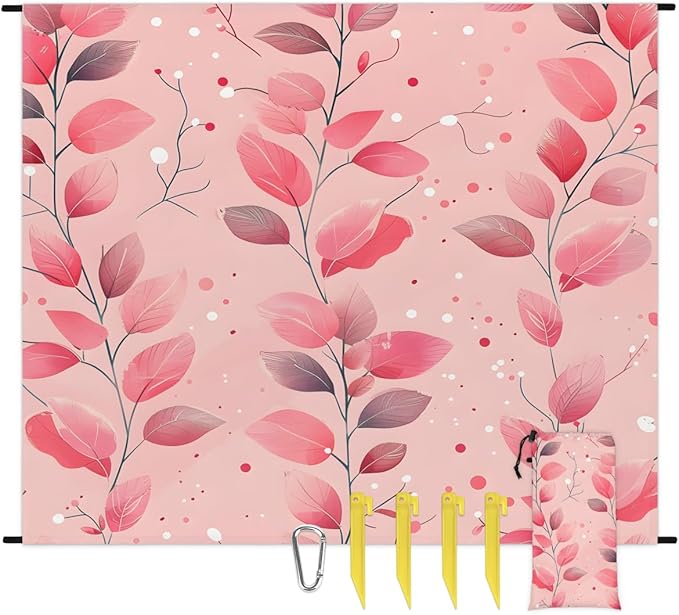 Waterproof Sandproof Beach Blanket 59''×68'' Plants Pink Leaf Polyester Outdoor Picnic Blanket with 4 Stakes &amp Storage Bag for BeachCampingVacation Pink