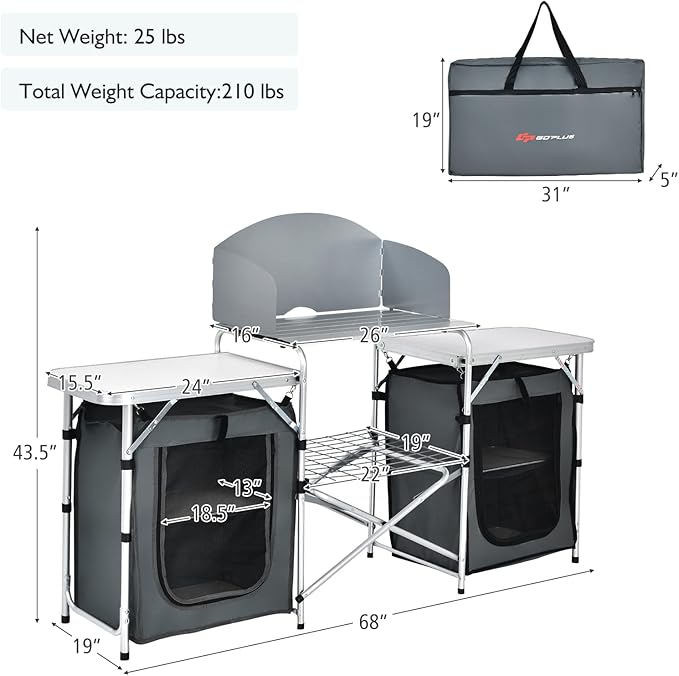 Goplus Folding Camping Kitchen Table with Storage Aluminum Portable Outdoor Cooking Table with Windscreen Foldable Camp Table Cook Station for BBQ Grill Party Picnics