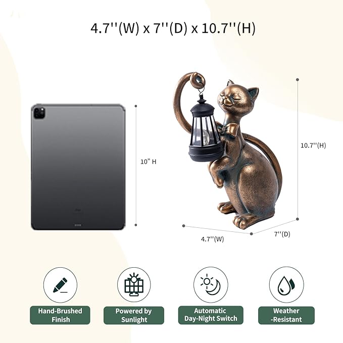WHIMSYNOOK 10.7 Bronze Cat Garden Statue with Solar Light – Outdoor Yard &amp Lawn Décor Charming Cat Figurine Gift for Mom &amp Cat Lovers
