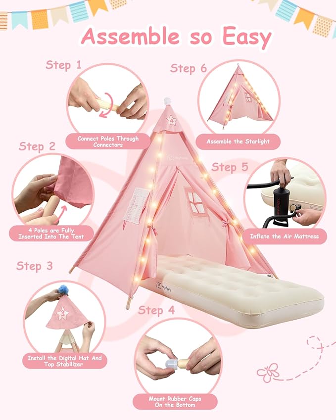 6 Pack Teepee Tent for Kids with Inflatable Airbed Light Toddler Tent Children Room Tents Slumber Party Sleepover Tents Indoor Outdoor Kids Playtent Playhouse for Girls &amp Boys