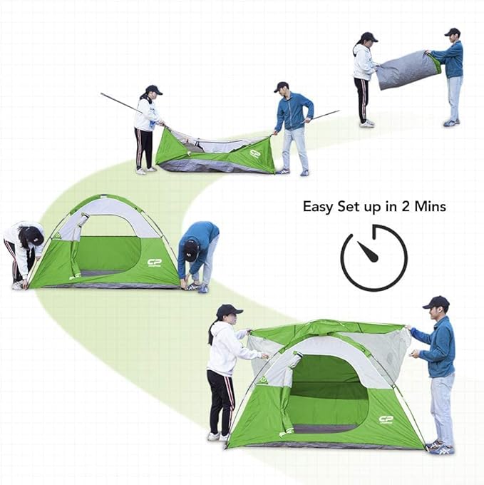 CAMPROS CP Tent 3 Person Camping Tents Gifts for Family Waterproof Windproof Backpacking Tent with Top Rainfly Easy Set up Small Lightweight Dome Tents Hiking Beach - Green