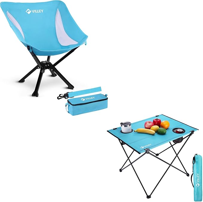 VILLEY Portable Folding Chair Lightweight Camping Chair &amp Folding Camping Table with 2 Cup Holders &amp Carry Bag