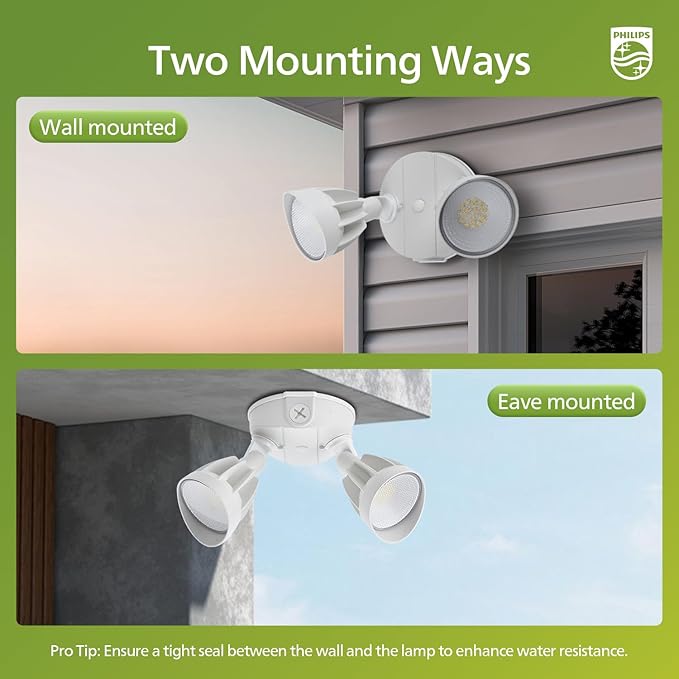 Philips 44W 3500LM ‌LED Security Flood Light‌ ‌Outdoor‌Switch Controlled Aluminum ‌Security Light‌ 2 Adjustable Heads5000K DaylightWet Location for Patio Garden Yard Lights