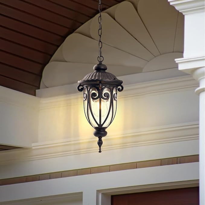 Vintage Bronze Outdoor Pendant Lights for Porch 20 1/2 High Exterior Hanging Light Fixture with Adjustable Chain Outside Ceiling Lantern with Seeded Glass for Patio Entryway