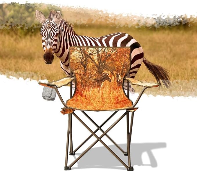 2 Pcs Animal Pattern Camping ChairFolding Backpacking Lightweight Beach Chair w/Cup HolderSide PocketCarry BagPortable Adults Lawn Chair for Family OutdoorHikingPartiesZebra