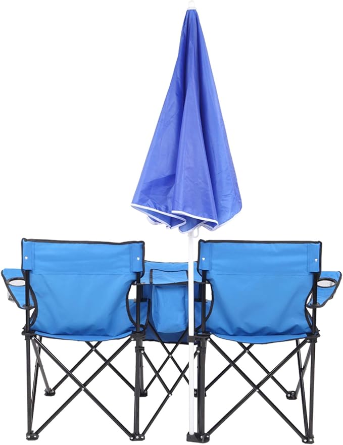 Beach Camping Chair Portable Double Folding Picnic Chairs Beach Camping Chair W/Umbrella Mini Table Beverage Holder Carrying Bag for Beach Patio Pool Park Outdoor