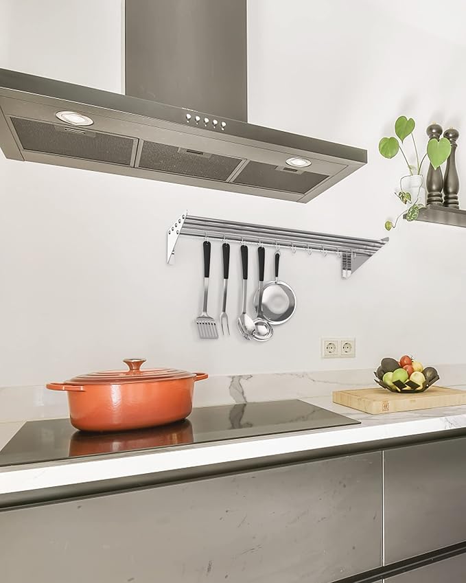 12 x 36 NSF Certified Stainless Steel Wall Mount Shelf Metal Kitchen Rack with 10 S Hooks for Convenient Storage and Organization of Pots Pans and cookware