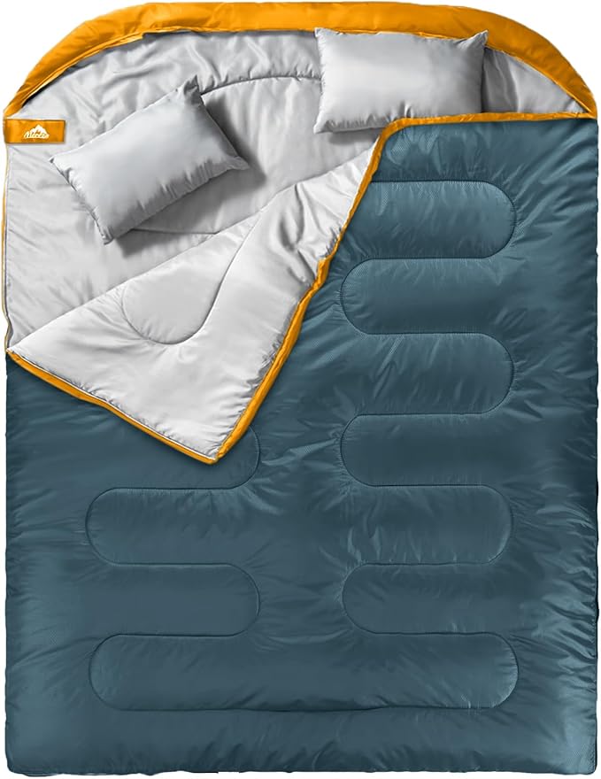 MEREZA Double Sleeping Bag for Adults Mens with Pillow XL Queen Size Two Person Sleeping Bag for All Season Camping Hiking Backpacking 2 Person Sleeping Bags for Cold Weather &amp Warm