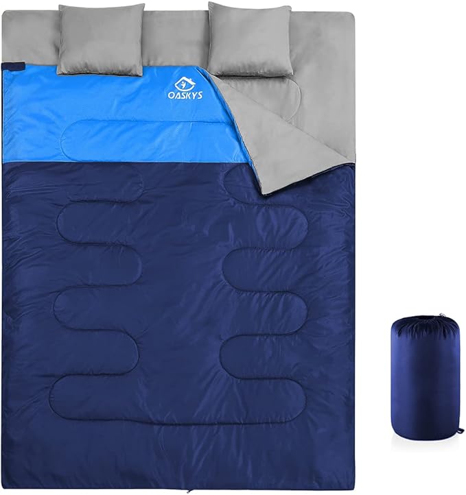 oaskys Double Sleeping Bag for Adults with 2 Pillows - Queen Size XL Waterproof Sleeping Bag for All Season Camping Hiking Backpacking 2 Person Sleeping Bags for Cold Weather &amp Warm
