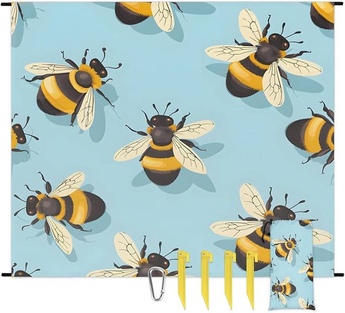 Waterproof Sandproof Beach Blanket 59''×68'' Animals Bees Polyester Outdoor Picnic Blanket with 4 Stakes &amp Storage Bag for BeachCampingVacation Lake Blue