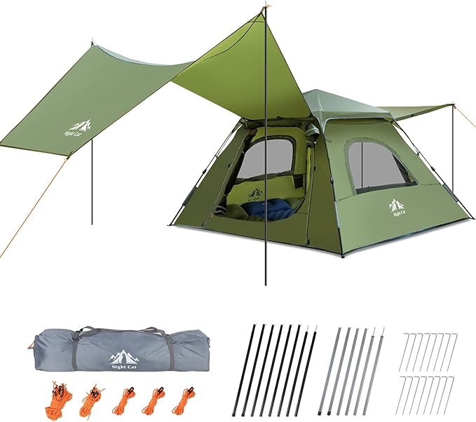Night Cat 3-Person Camping Tent: Waterproof Instant Cabin Tent with Canopy Tarp for Family 2-in-1 Canopy Tent with Porch Easy Setup