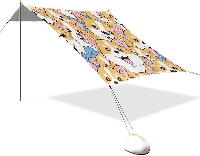 Cartoon Corgi Pattern Beach Tent Sun Shelter 9.2' x 10.5' Beach Canopy with 4 Sandbags 4 Stability Poles Sand Shovels - Tent Canopy for Beach Camping Fishing Picnics