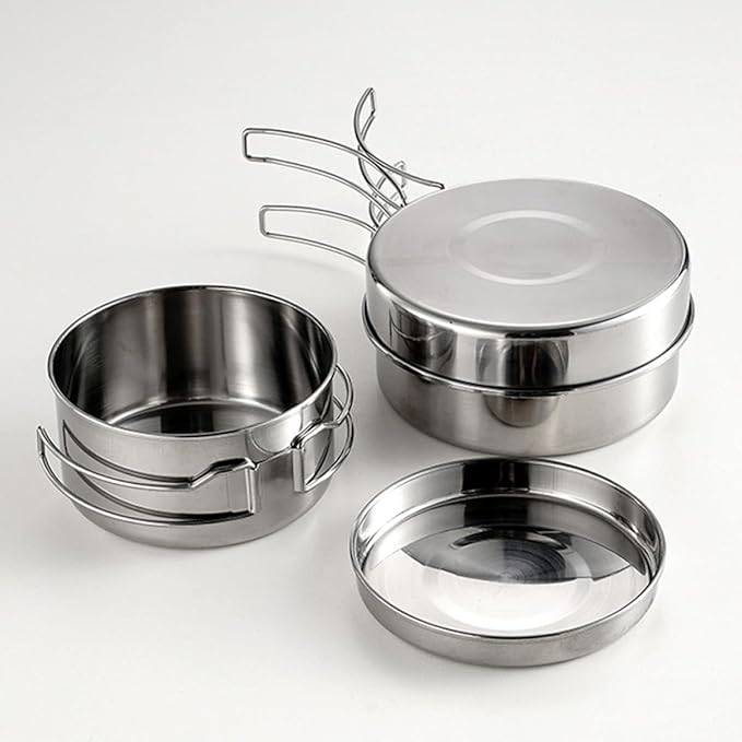Stainless Steel Camping Cookware Set Portable 4pcs Pot Pan with Foldable Handles Easy-Clean Outdoor Cooking Utensils for Hiking and Backpacking