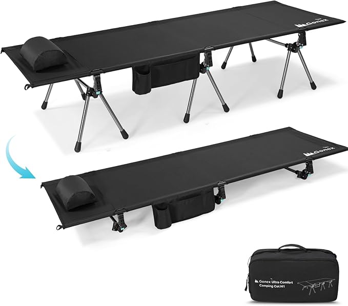 Gonex Camping Cot with Leg Extenders 2 in 1 Portable Ultralight Folding Cot for Adults Adjustable Height Supports 350lbs Sleeping Bed for Backpacking Travel Beach Home 74.8x27.5(Black 1 PCS)