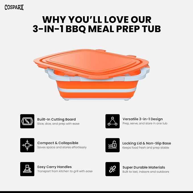 XL Collapsible BBQ Prep Tub with Cutting Board &amp Drain Plug – Portable Food Prep Station for Kitchen Camping &amp Grill – Dishwasher Safe Space-Saving Design – Heat-Resistant Glove Included (Or