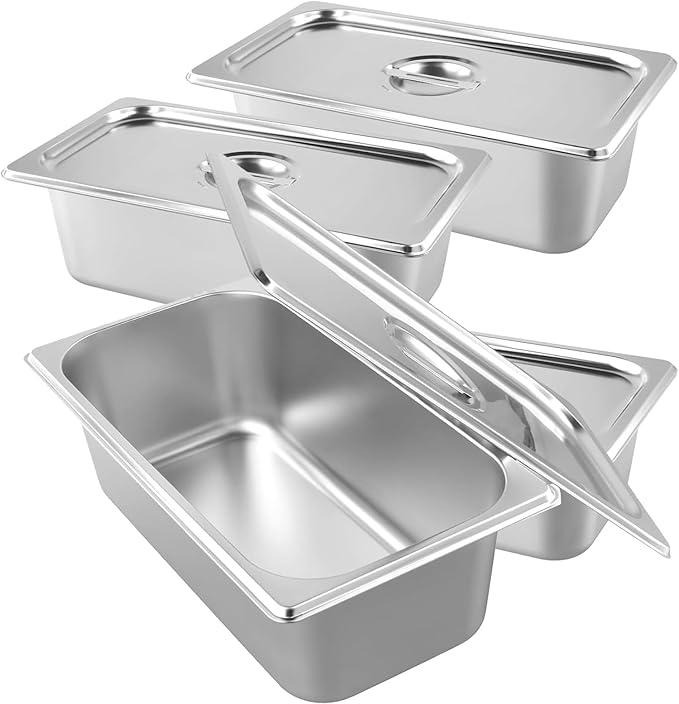 HOIGON 4 Pack 1/3 Size Steam Table Pans with Lids 4 Inch Deep Stainless Steel Hotel Pan Anti-Jam Steam Pan Half Size Hotel Pans for Buffet Restaurants Catering