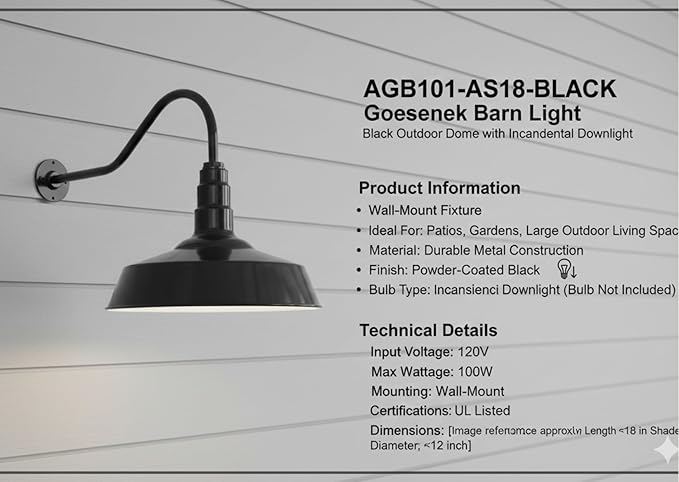 AGB101-AS18-BLACK Gooseneck Barn Light - Black Outdoor Dome with Incandescent Downlight | Wall-Mount Fixture for Patios Gardens Pathways and Large Outdoor Living Spaces