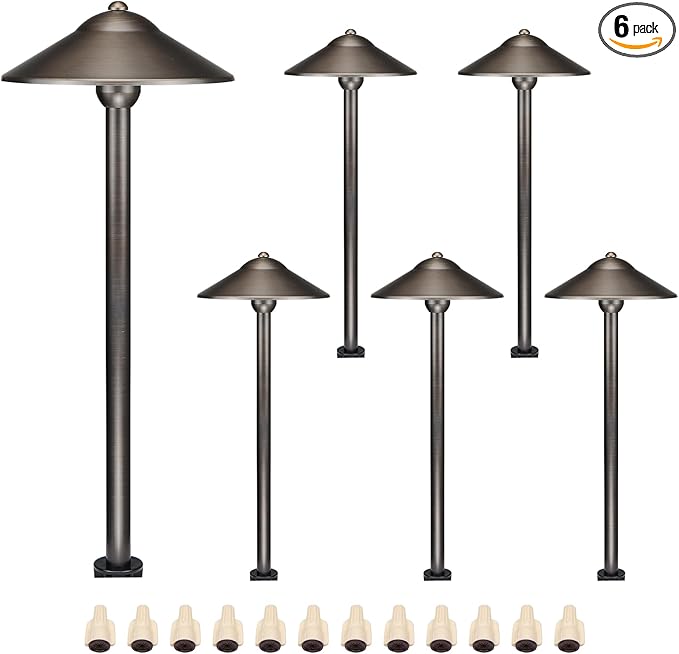 DOSHINE® Solid Brass Low Voltage Landscape Lighting Pathway Lights (9 Shade 22 Tall) with Replaceable 3W G4 LED Bulb 3000K AC/DC 12V and Ground Stake for Outdoor Walkway Driveway (UFO 6-Pack)